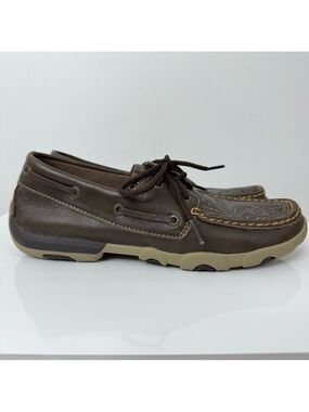 Twisted X Brown Leather Tooled Boat Shoe Driving Mocs Women’s Size 7.5 Western
